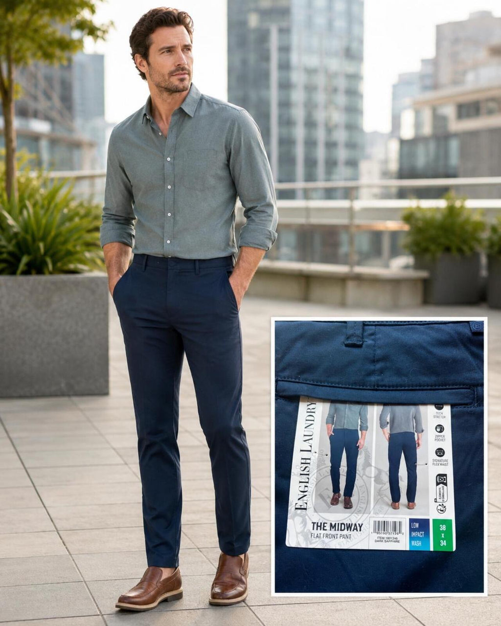 English Laundry navy chinos, size 38” x 34”