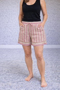 Ladies mid rise pink stripe shorts, size XL