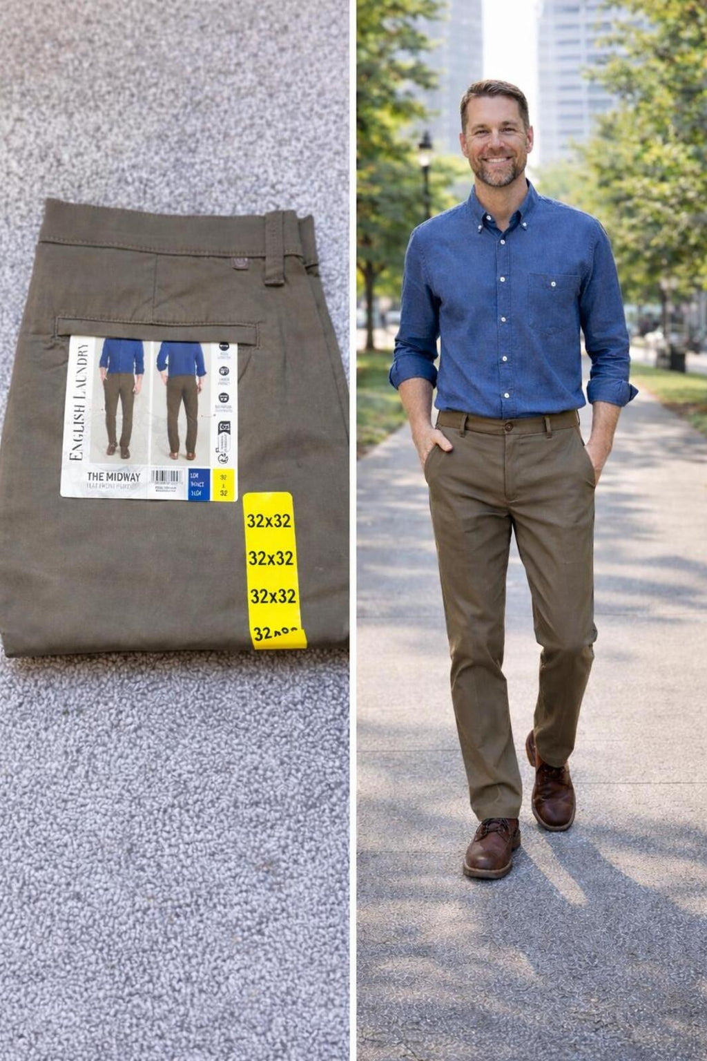English Laundry mushroom flat front chinos, size 32” x 32”