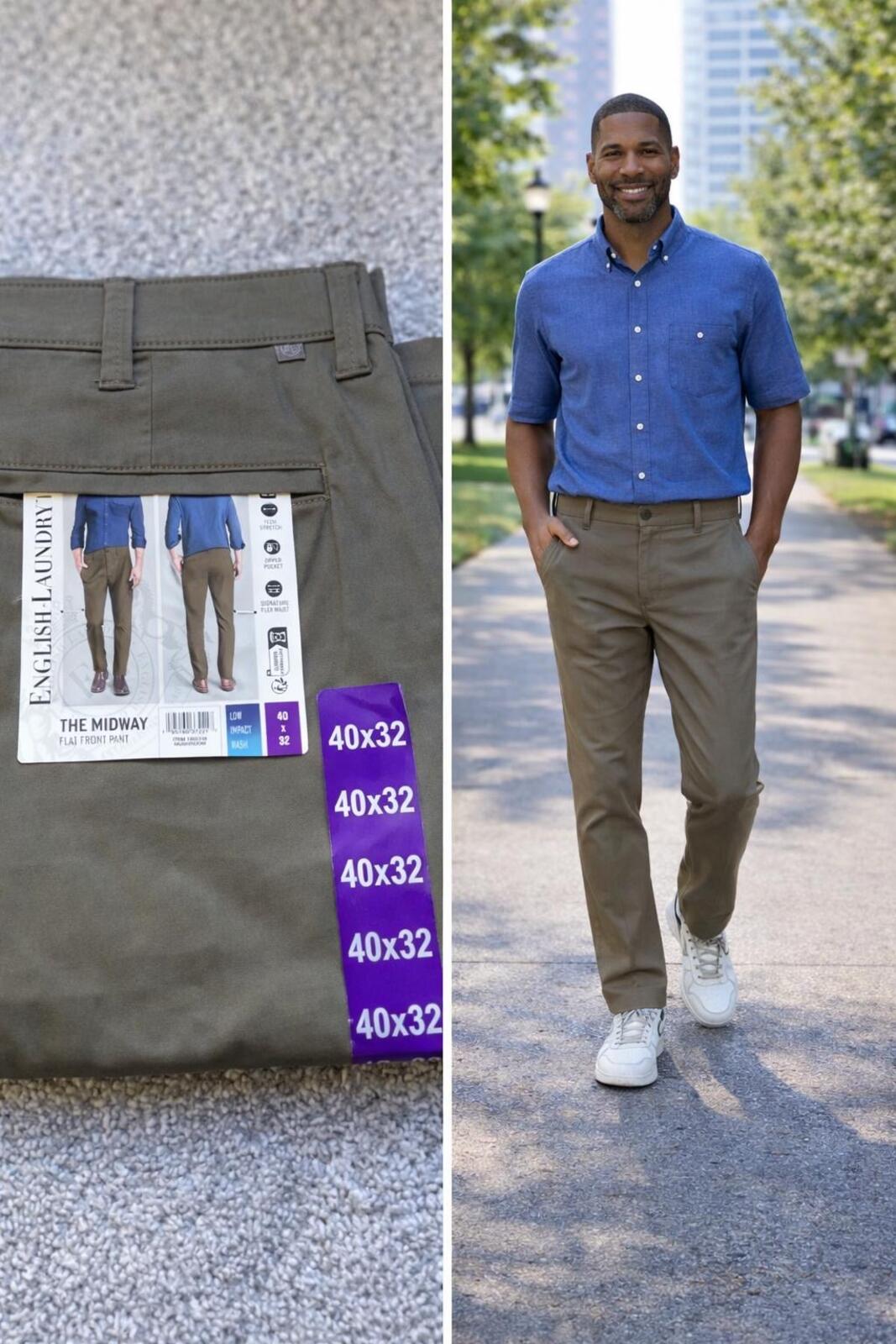 English Laundry mushroom flat front chinos, size 40” x 32”