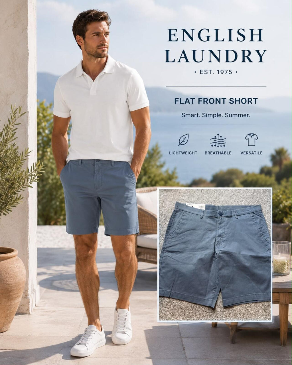 English Laundry blue flat front chino shorts, size 40” waist