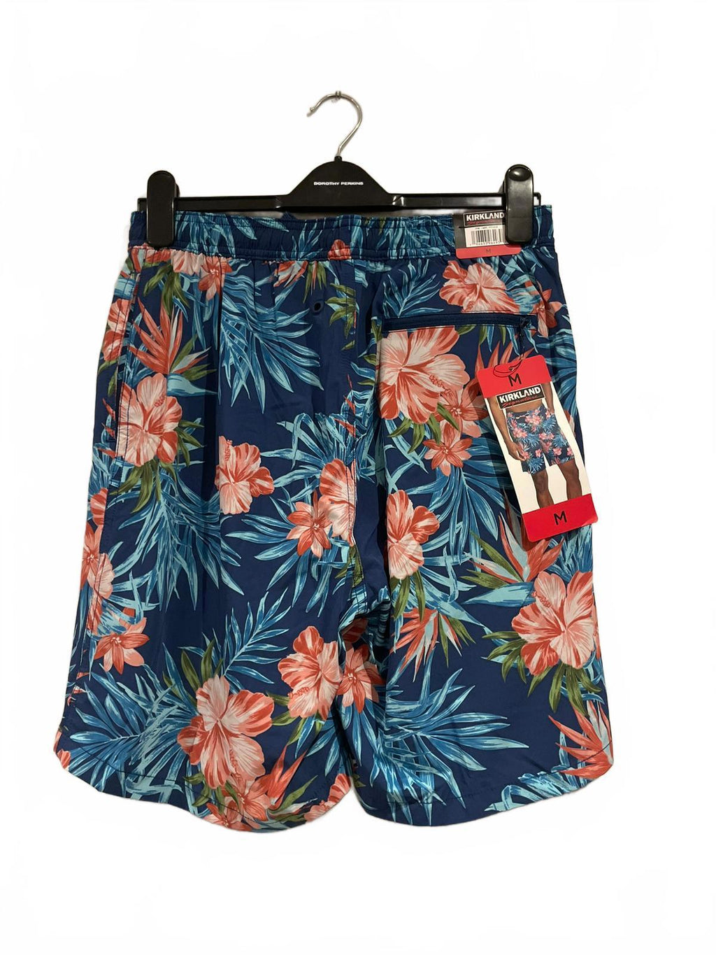 Kirkland men’s blue flowery swim shorts, size medium