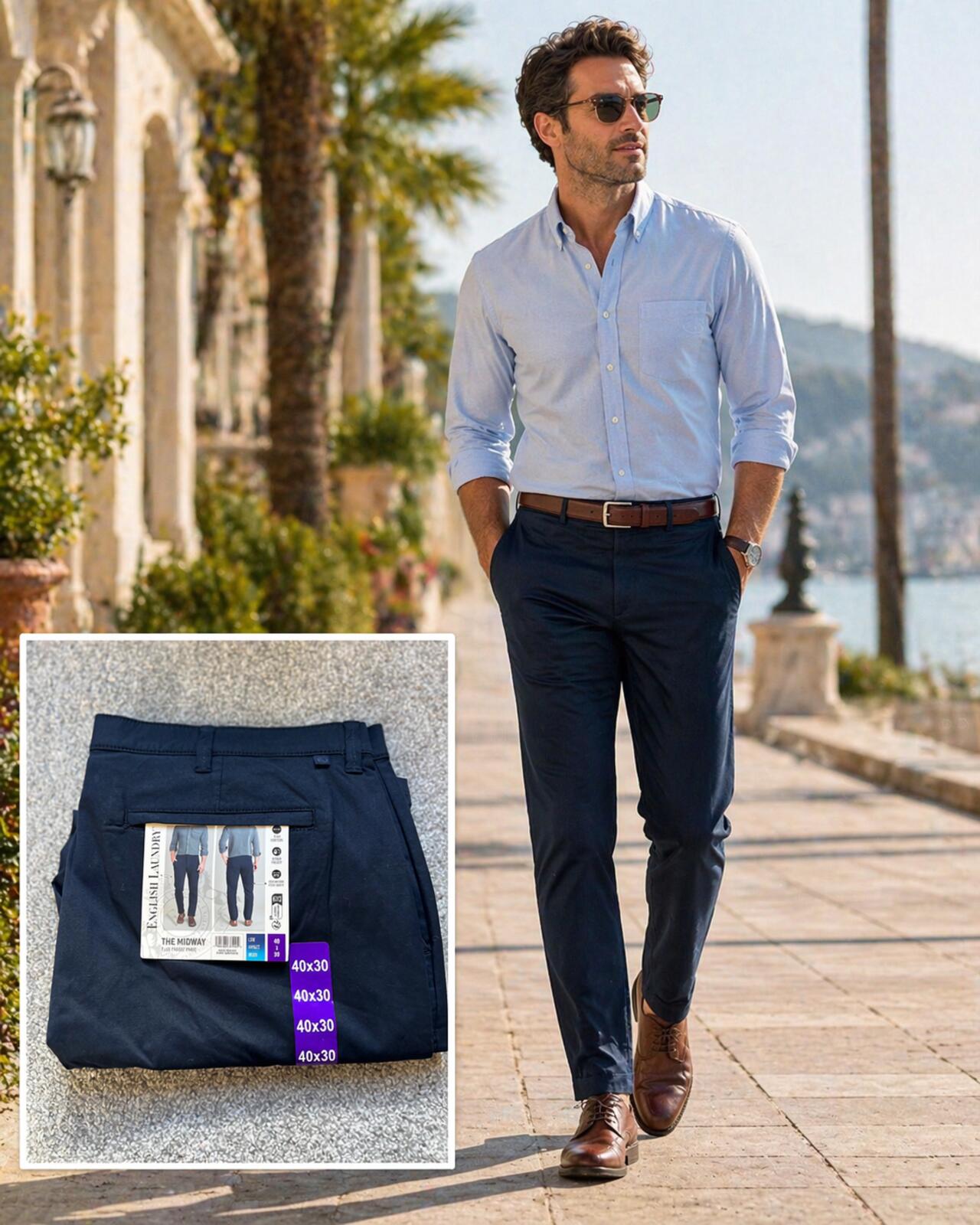 English Laundry navy flat front chinos, size 40” x 30”