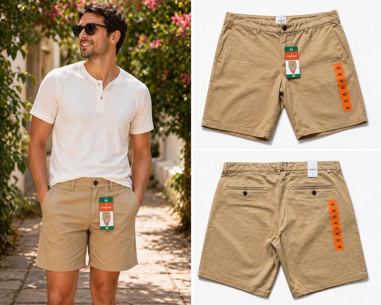 Farah men’s tan chino shorts, size 40” waist