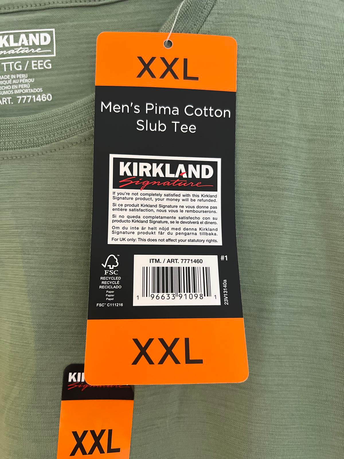 Kirkland men’s green cotton t-shirt, size XXL