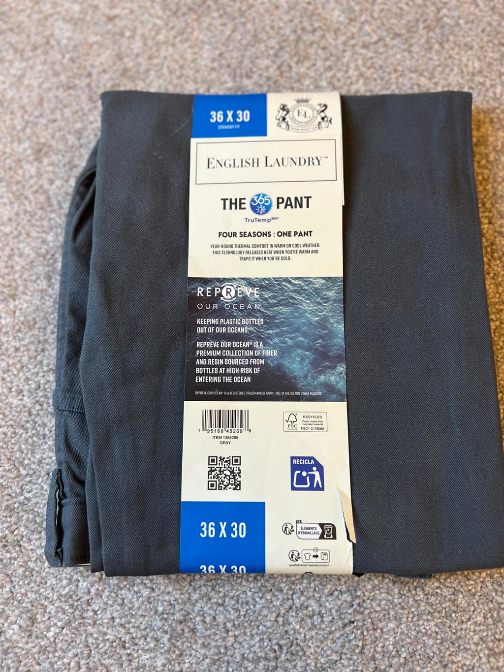 English Laundry grey 5-pocket chinos, size 36” x 30”