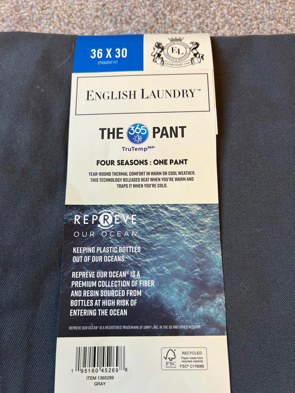 English Laundry grey 5-pocket chinos, size 36” x 30”