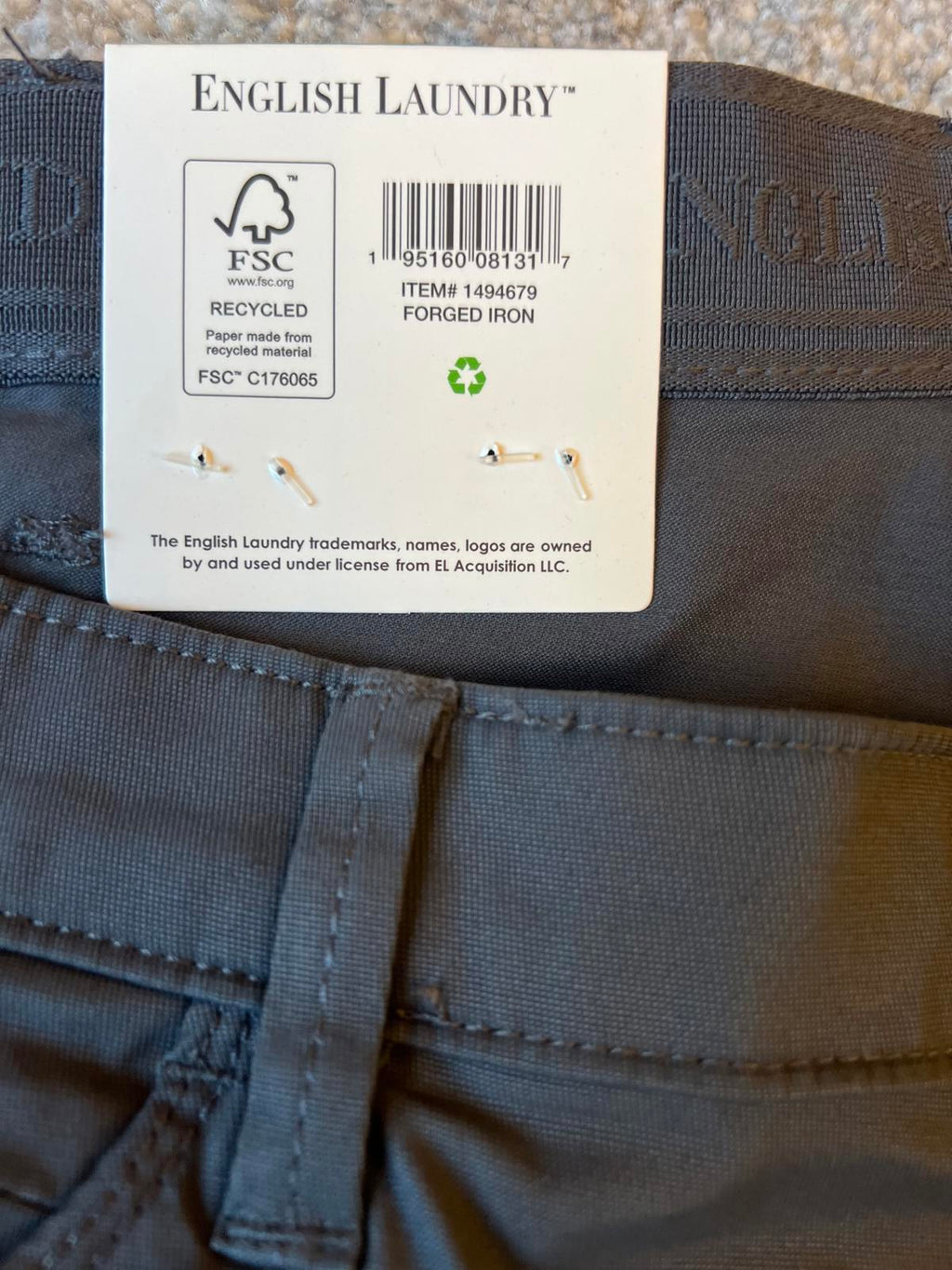 English Laundry grey 5-pocket chinos, size 38” x 34”