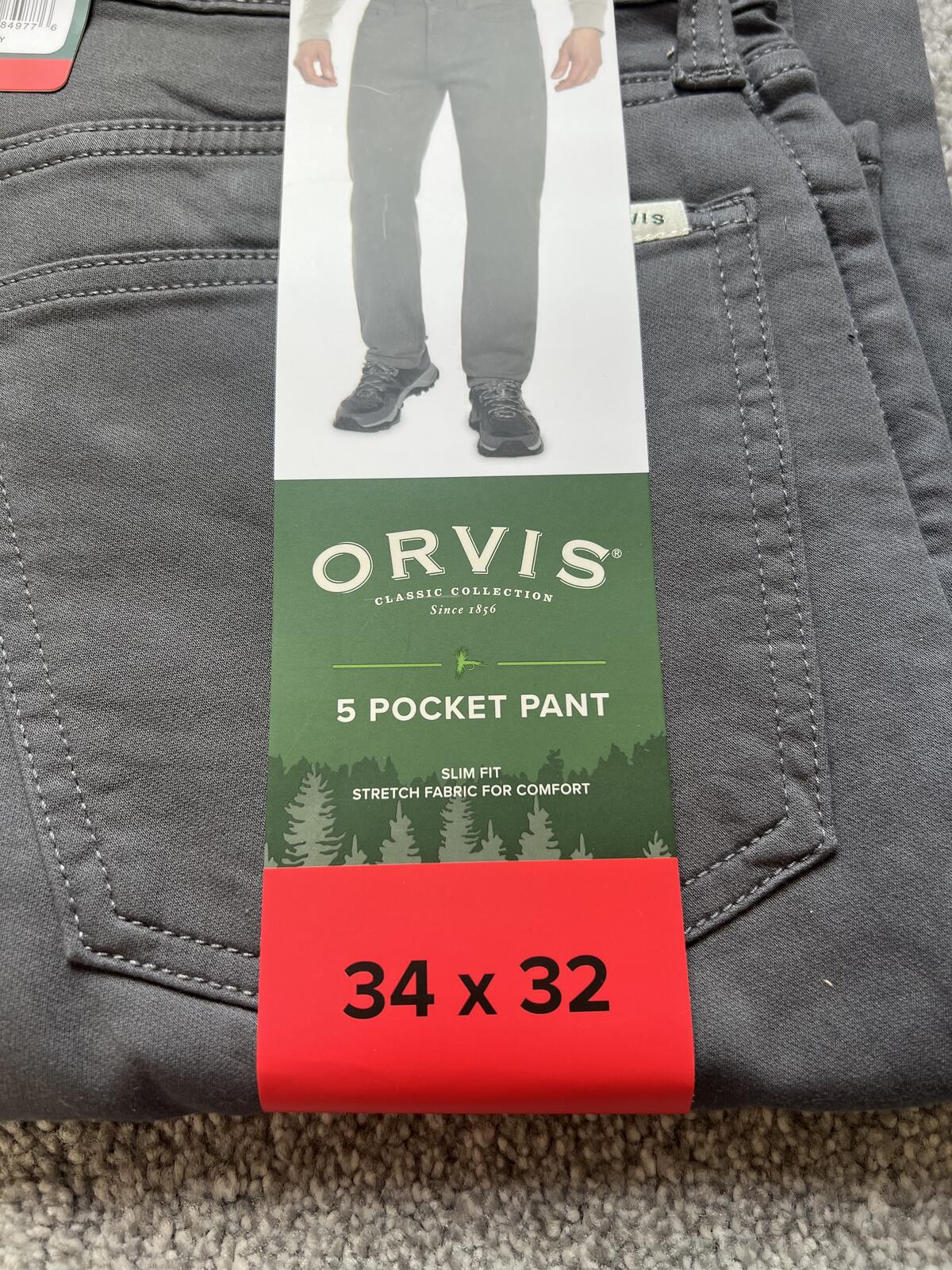 Orvis grey 5-pocket chinos, size 34” x 32”