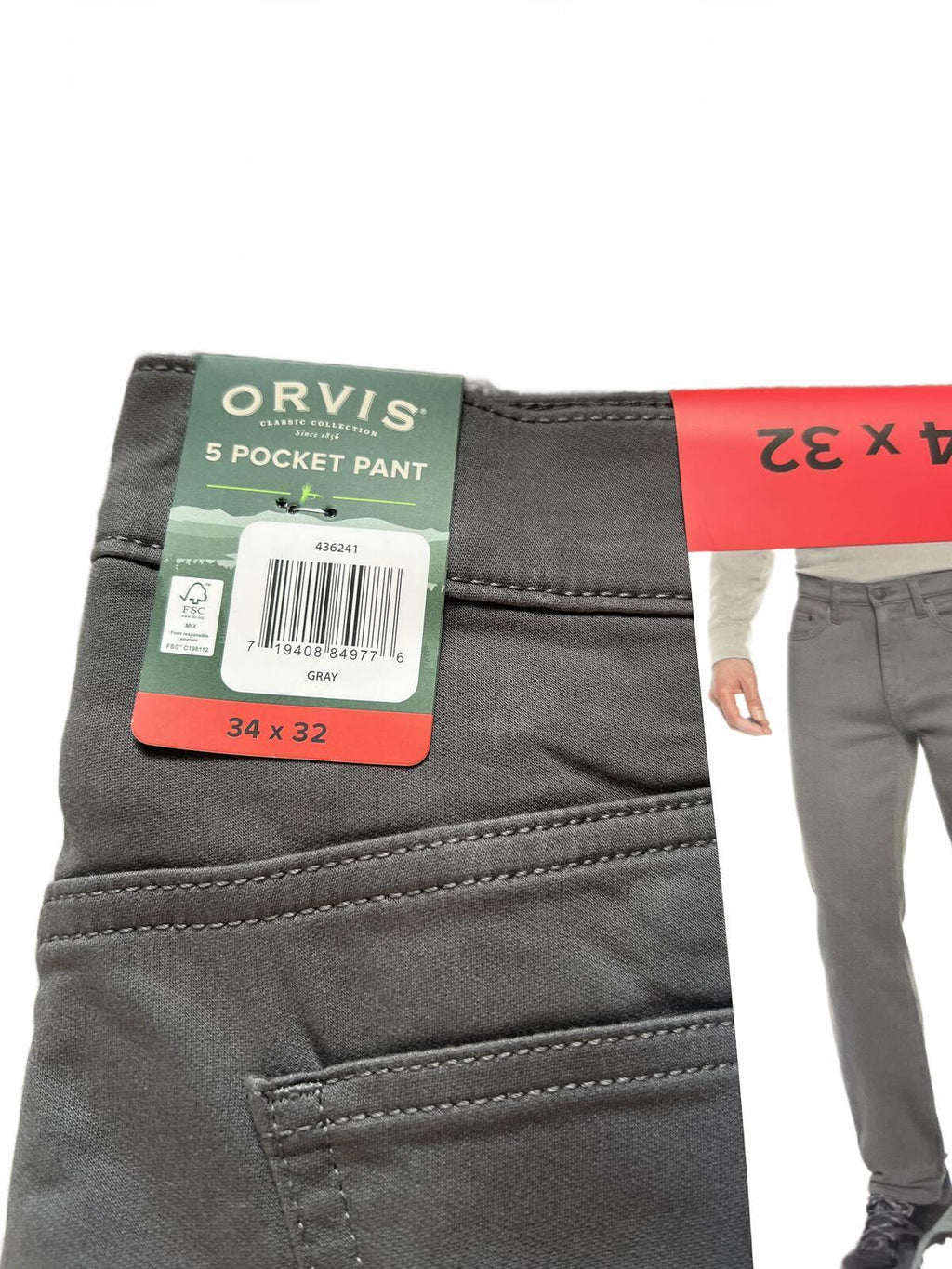 Orvis grey 5-pocket chinos, size 34” x 32”