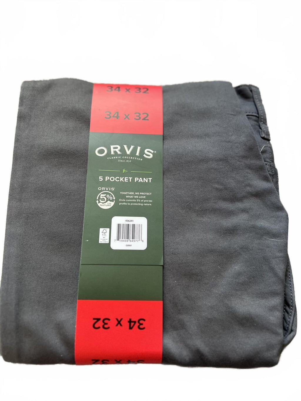 Orvis grey 5-pocket chinos, size 34” x 32”