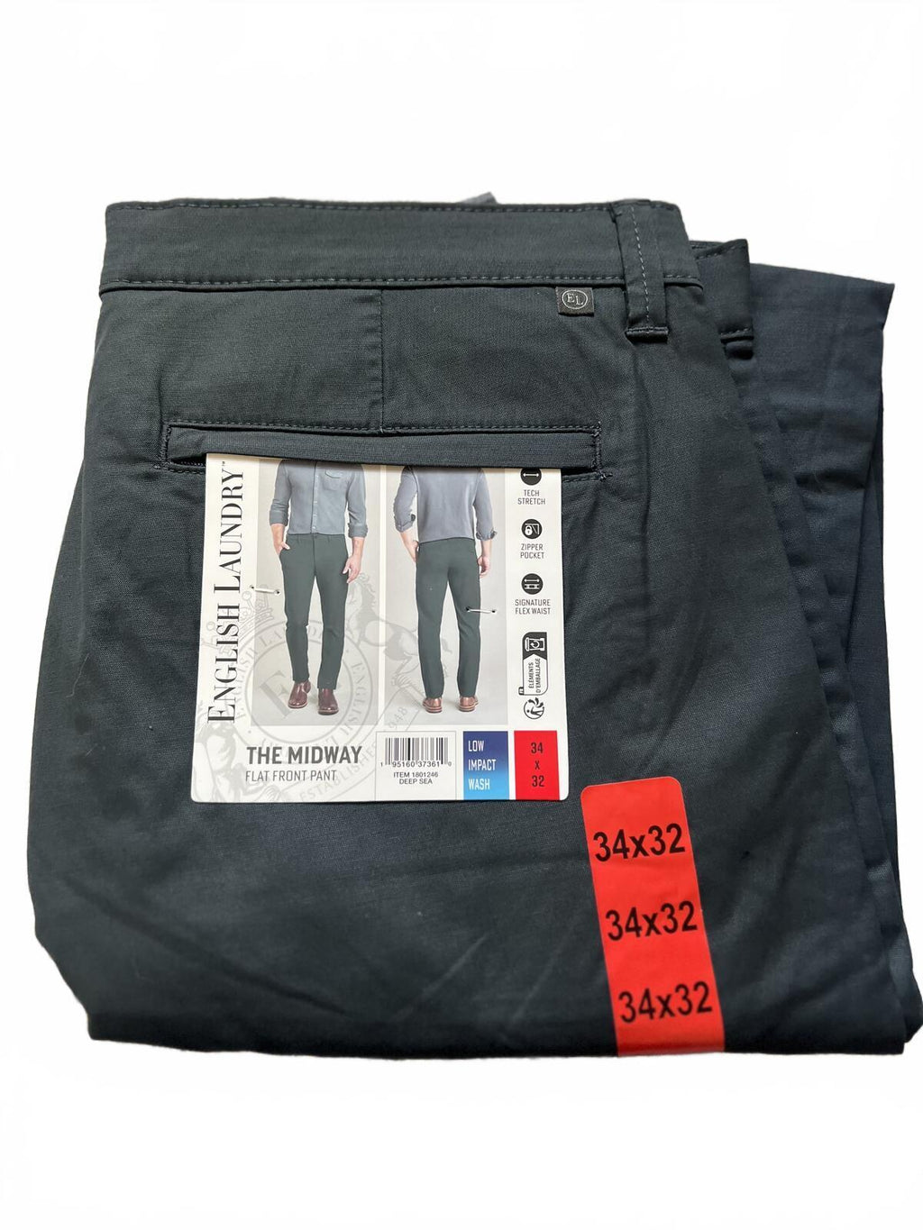 English Laundry Deep Sea flat front chino, size 34” x 32”
