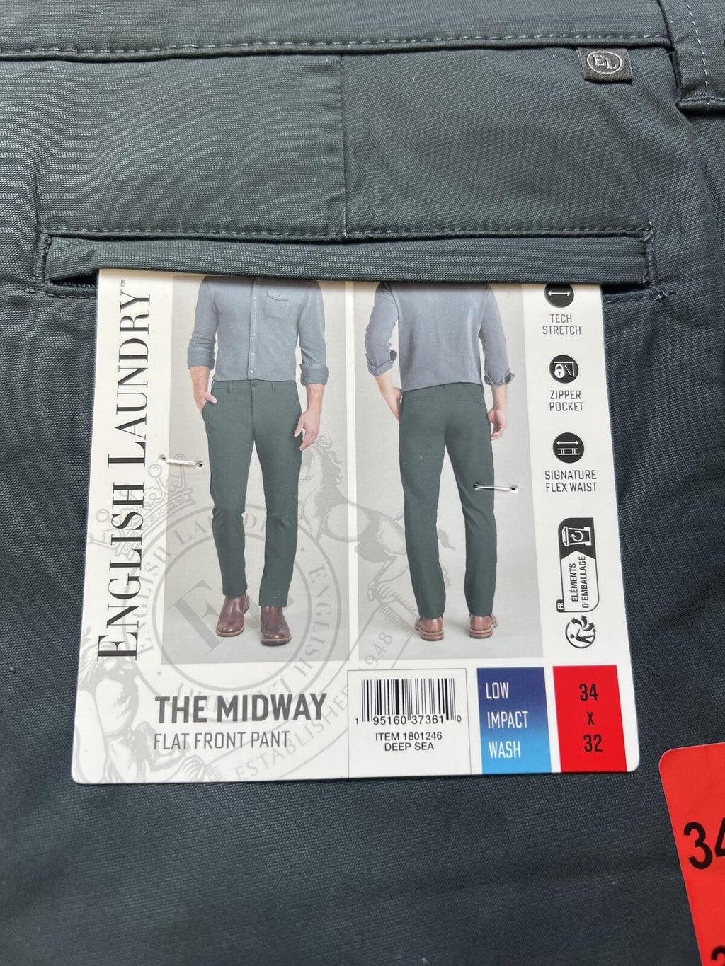 English Laundry Deep Sea flat front chino, size 34” x 32”