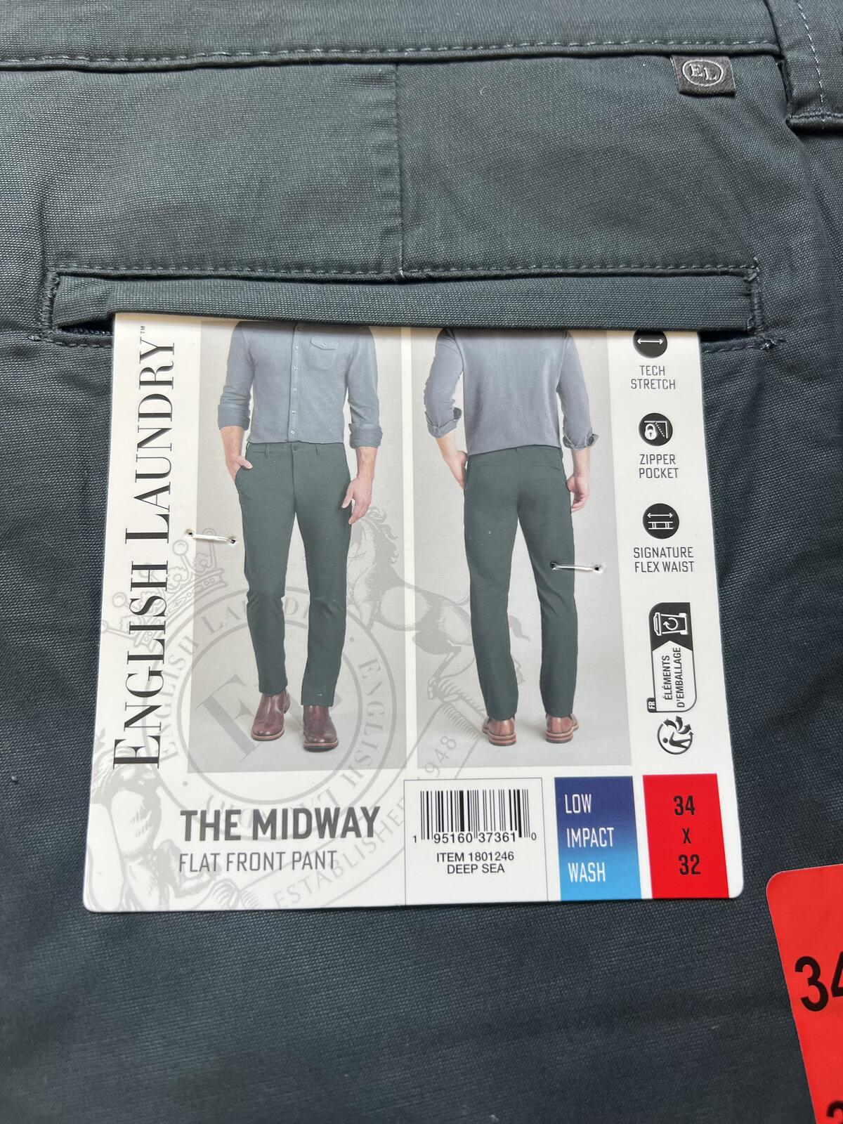 English Laundry Deep Sea flat front chino, size 34” x 32”