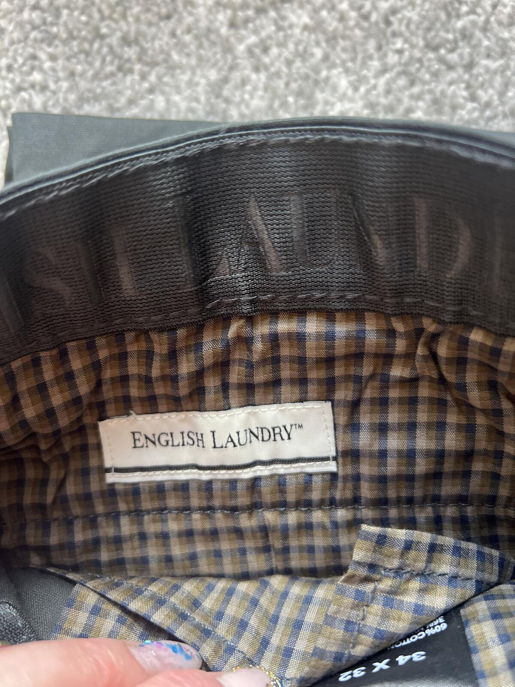 English Laundry Deep Sea flat front chino, size 34” x 32”