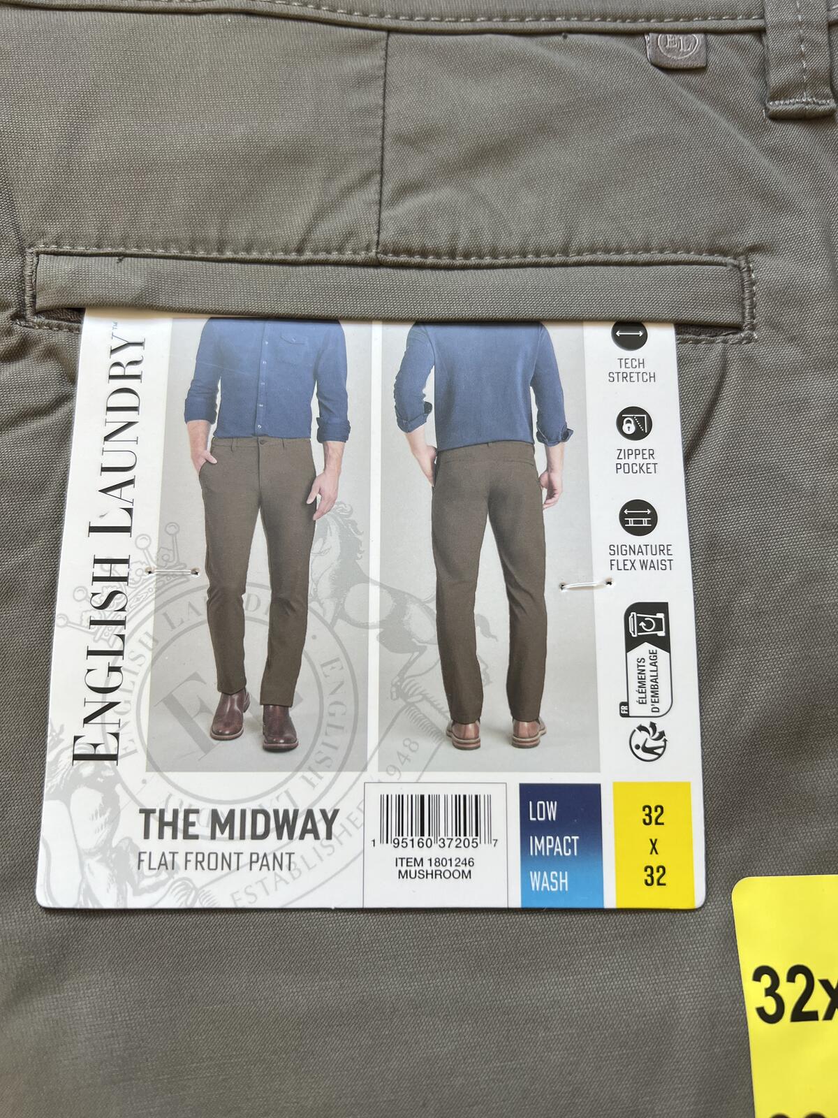 English Laundry mushroom flat front chinos, size 32” x 32”