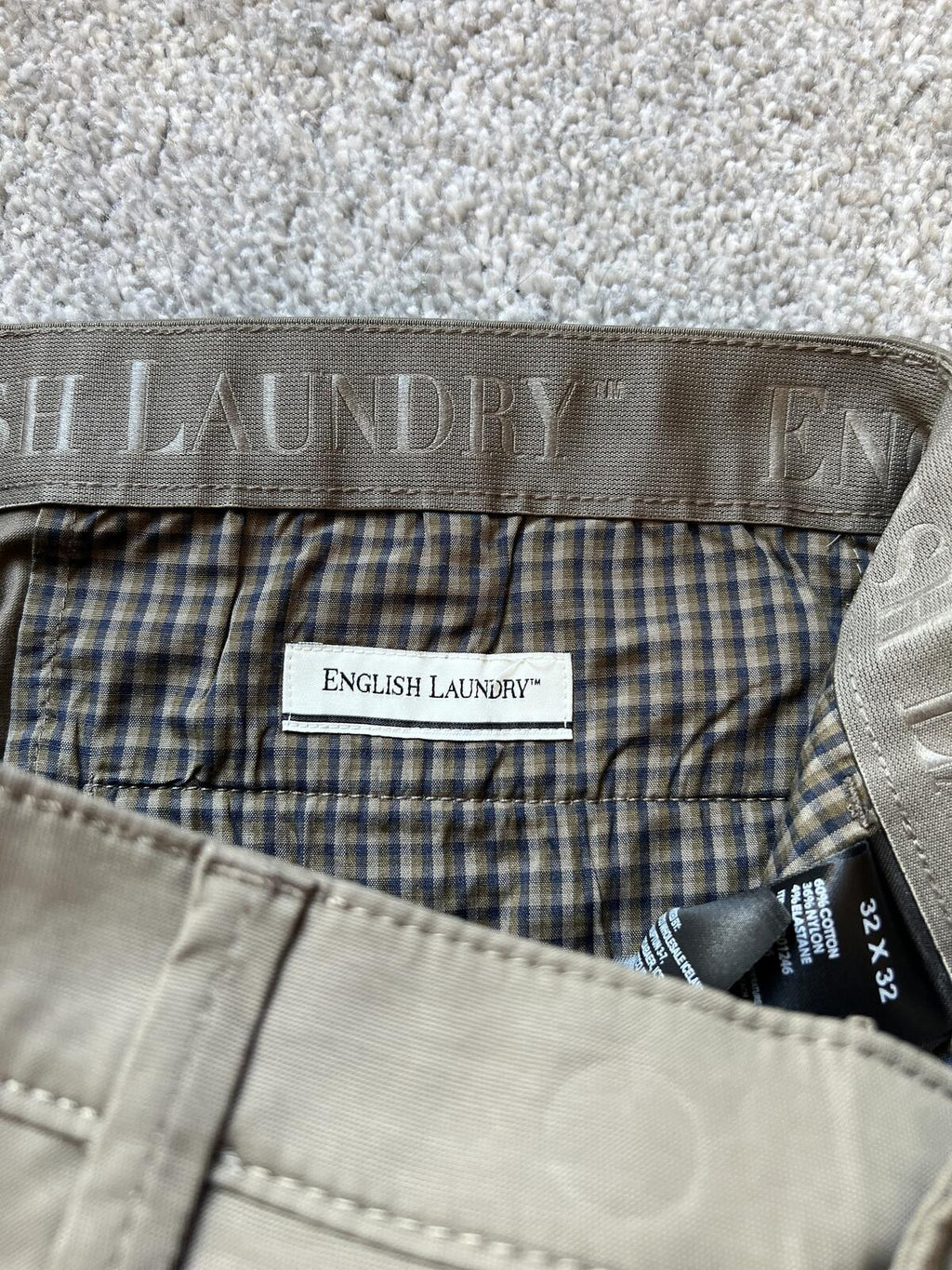 English Laundry mushroom flat front chinos, size 32” x 32”