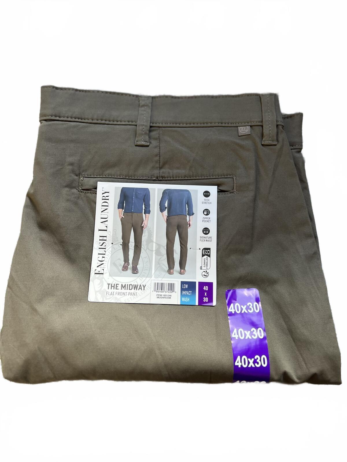 English Laundry khaki flat front chinos, size 40” x 30”