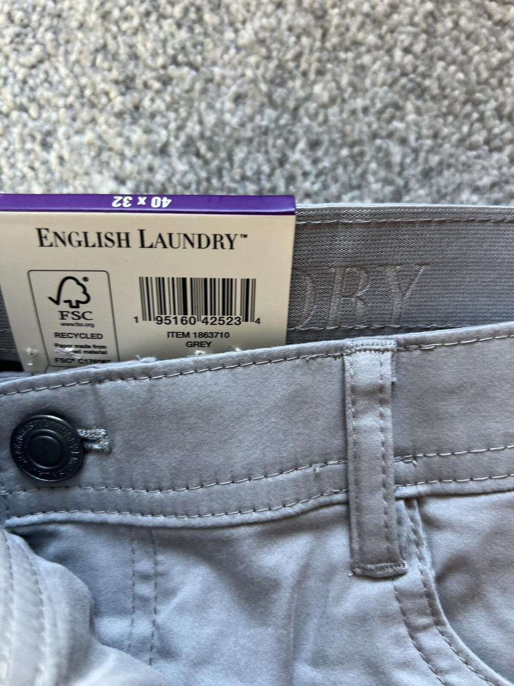 English Laundry grey 5-pocket chinos, size 40” x 32”