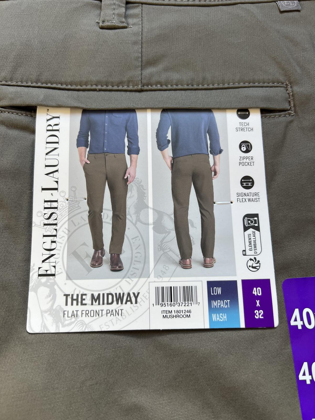 English Laundry mushroom flat front chinos, size 40” x 32”