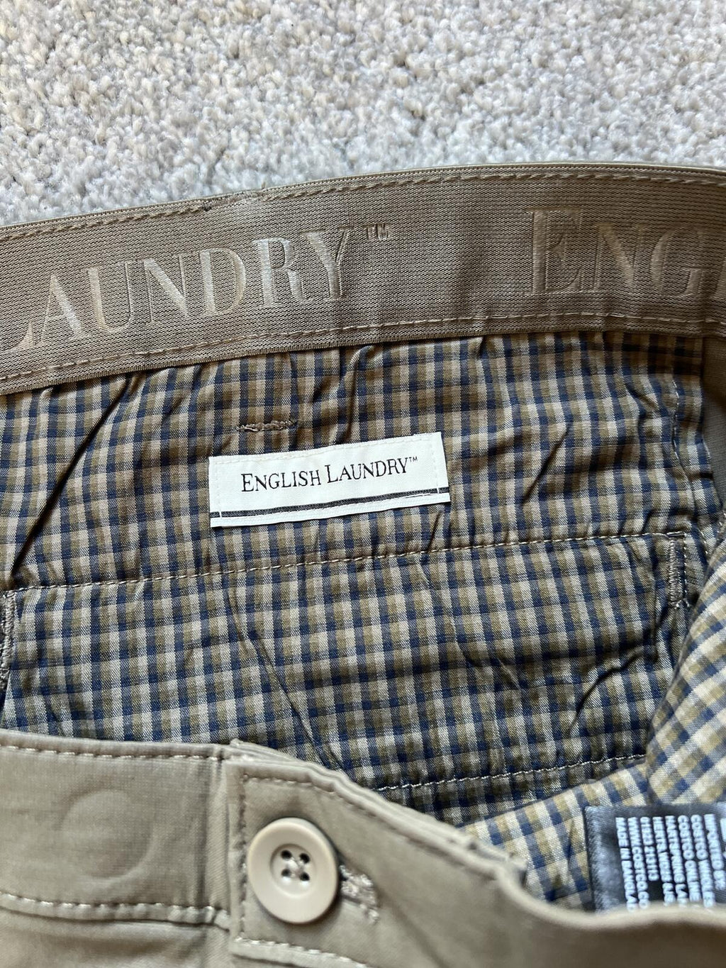 English Laundry mushroom flat front chinos, size 40” x 32”