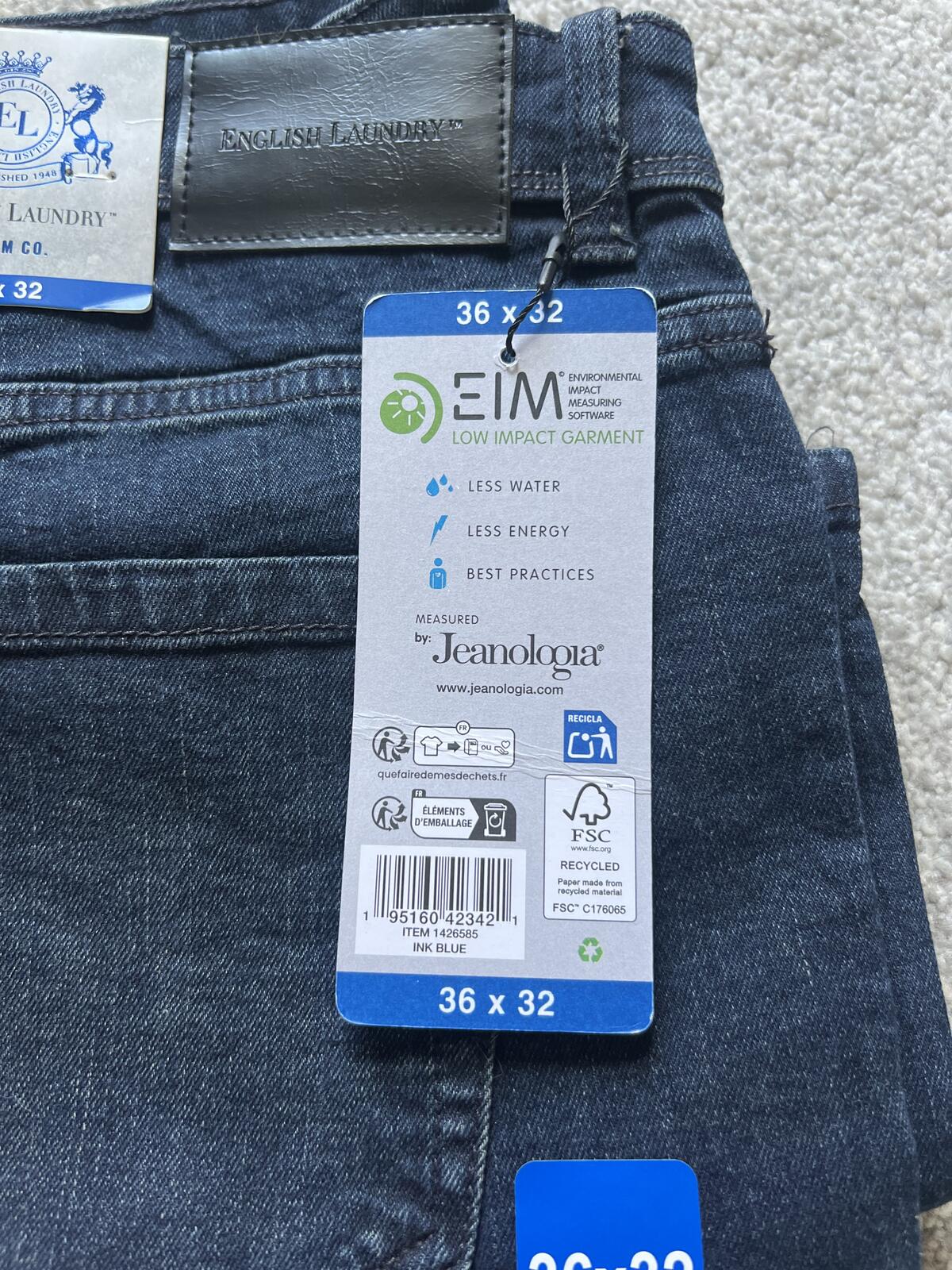 English Laundry ink blue jeans, size 36” x 32”