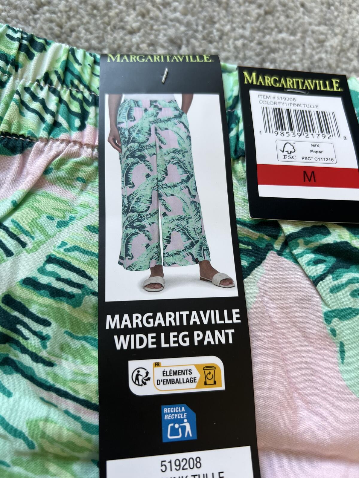 Margaritaville ladies wide leg green & pink trousers, size medium