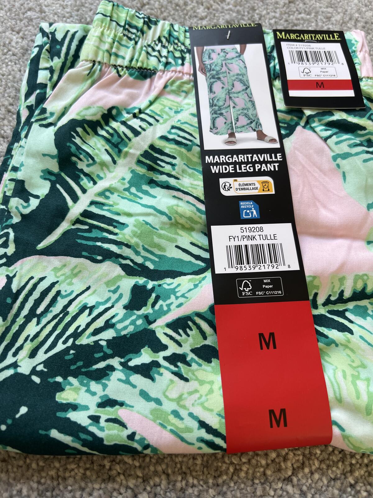 Margaritaville ladies wide leg green & pink trousers, size medium