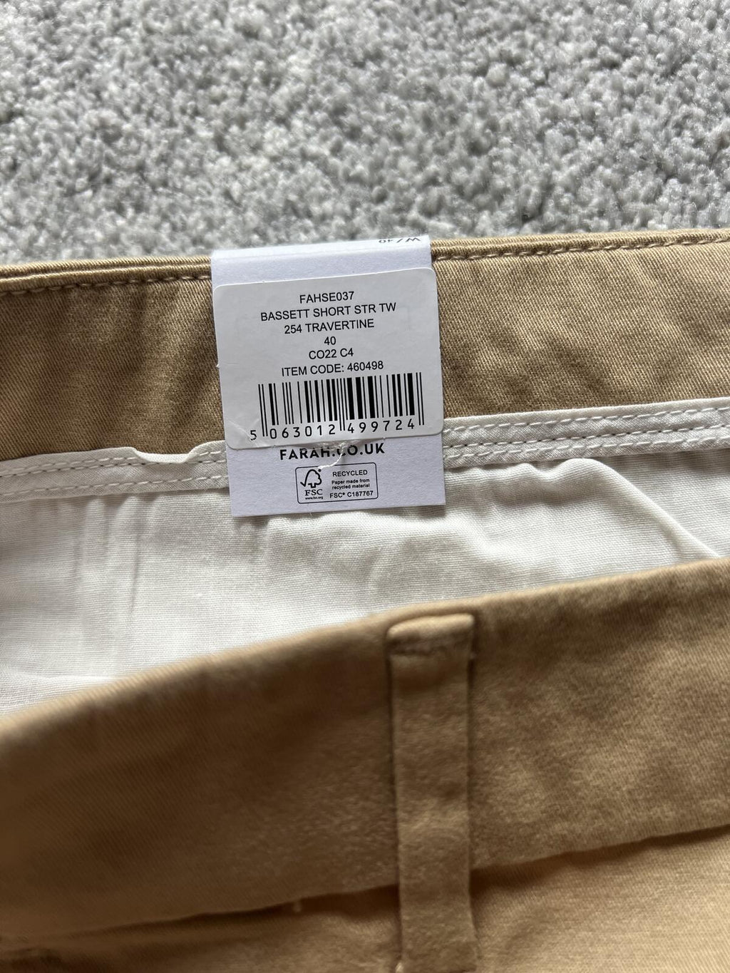 Farah men’s tan chino shorts, size 40” waist