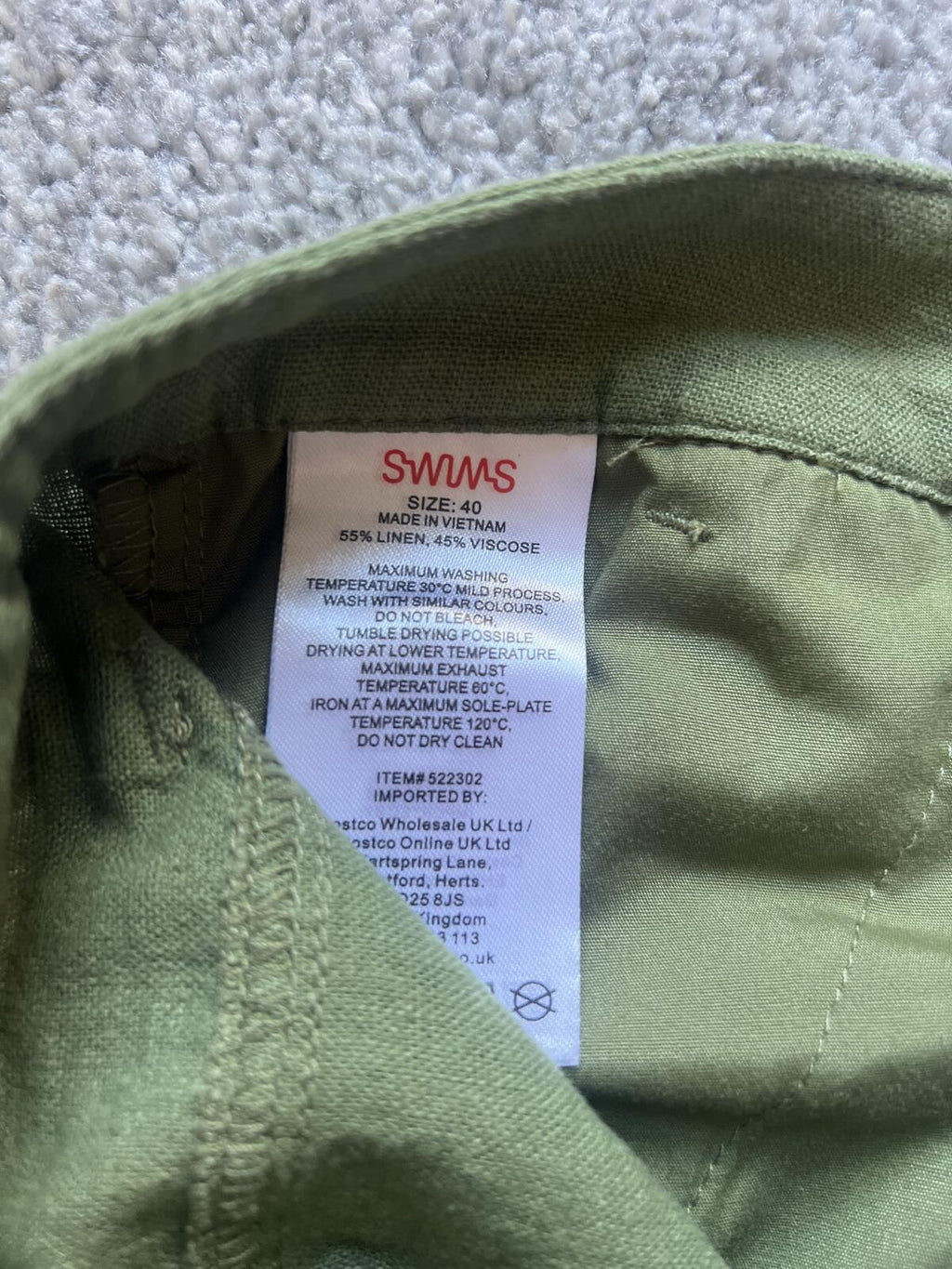 Swims green linen blend shorts, size 40” waist