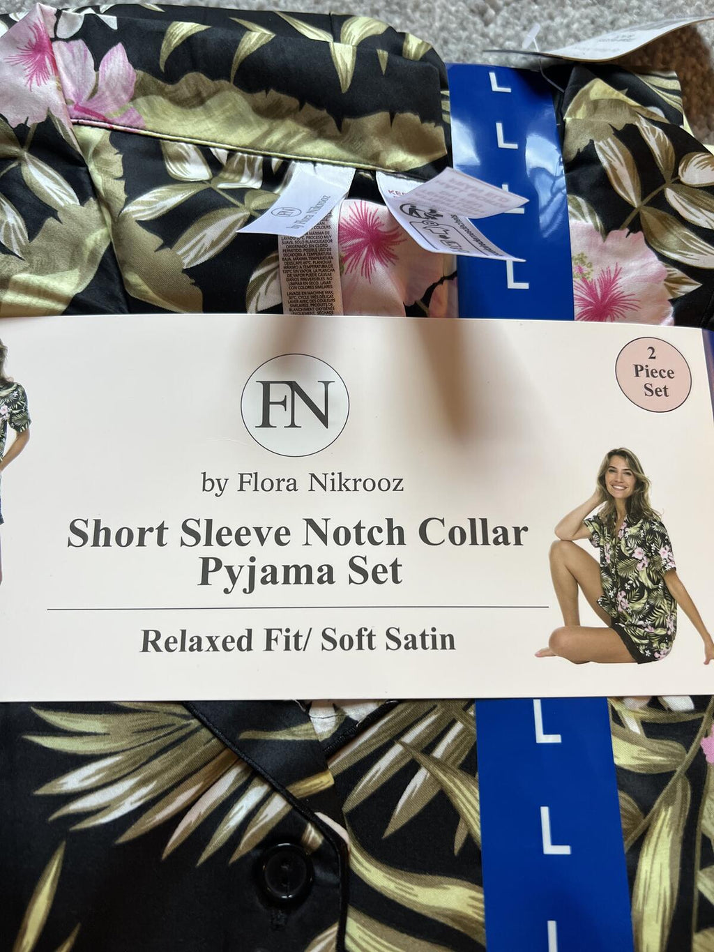 Flora Nikrooz black flowery soft satin short pyjamas, size large