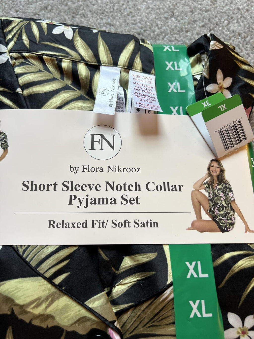 Flora Nikrooz black flowery soft satin pyjamas, size XL