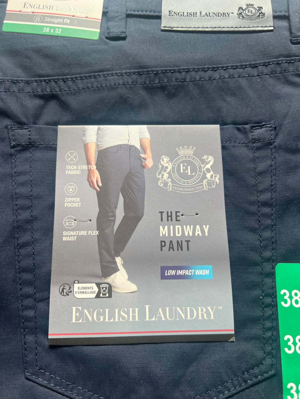 English Laundry navy 5-pocket chinos, size 38” x 32”