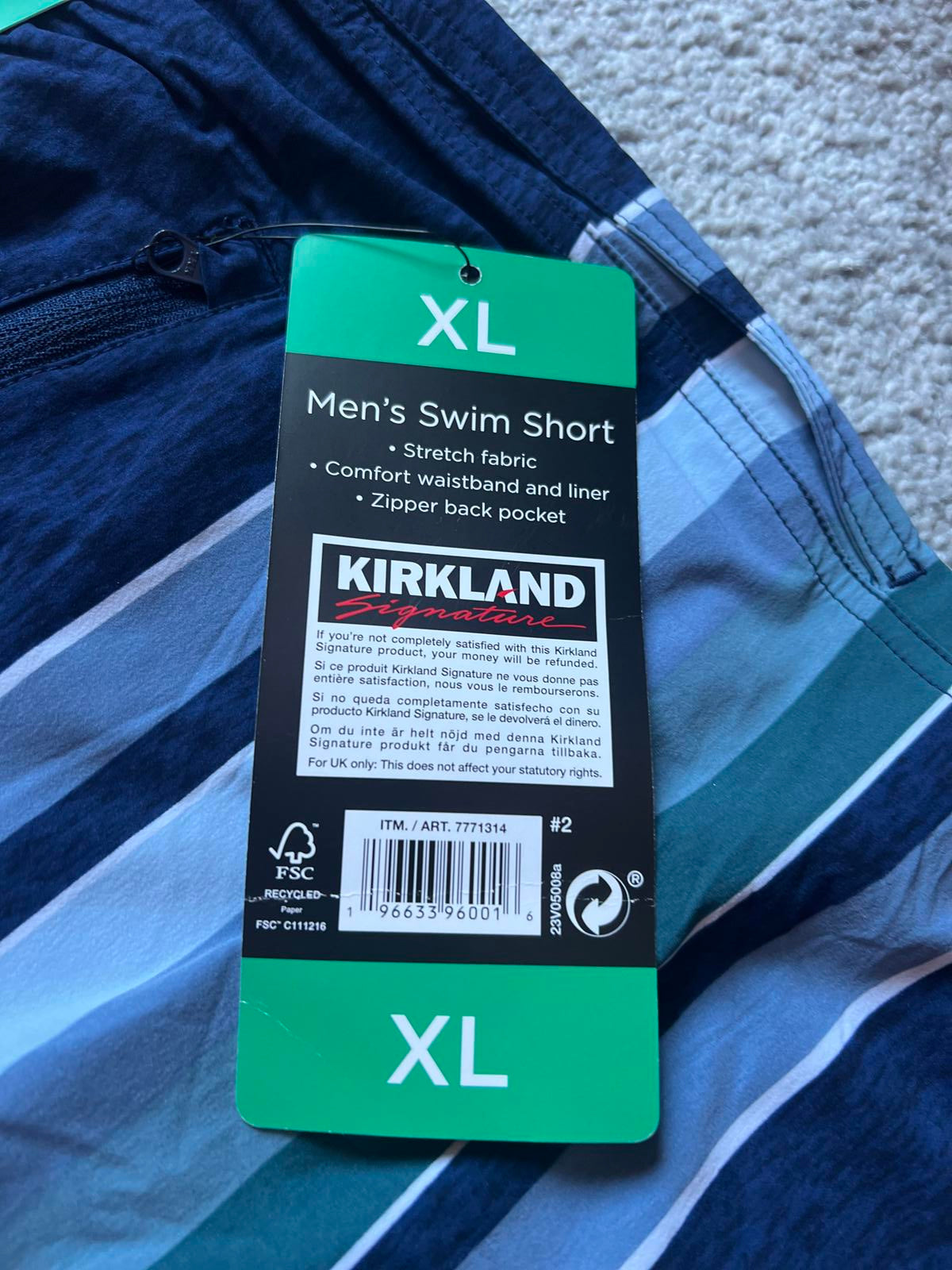 Kirkland men’s blue stripe swim shorts, size XL