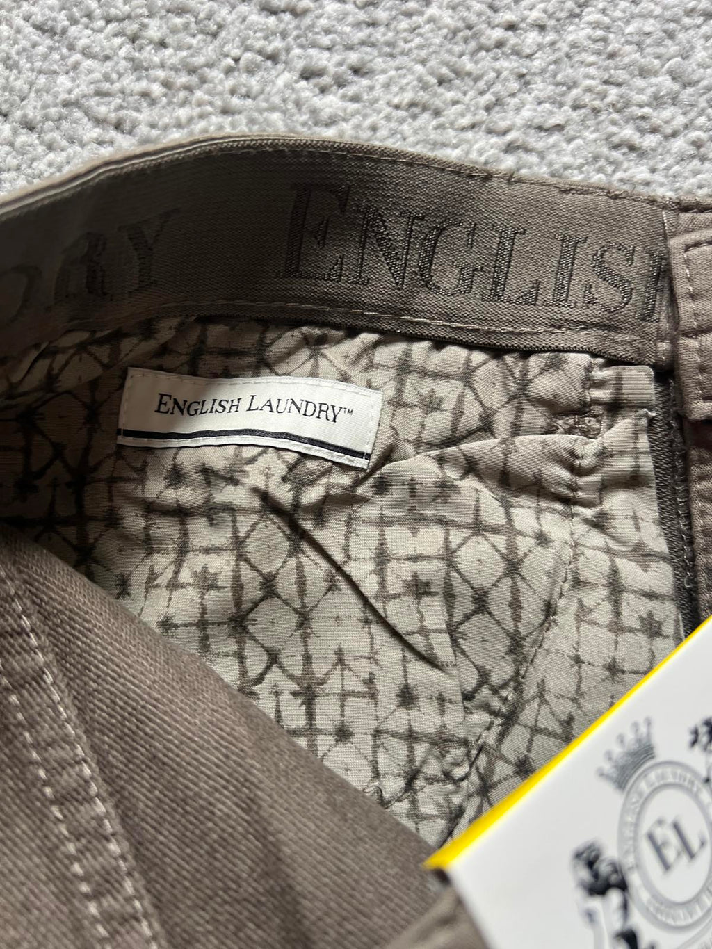 English Laundry tan 5-pocket chinos, size 32” x 30”