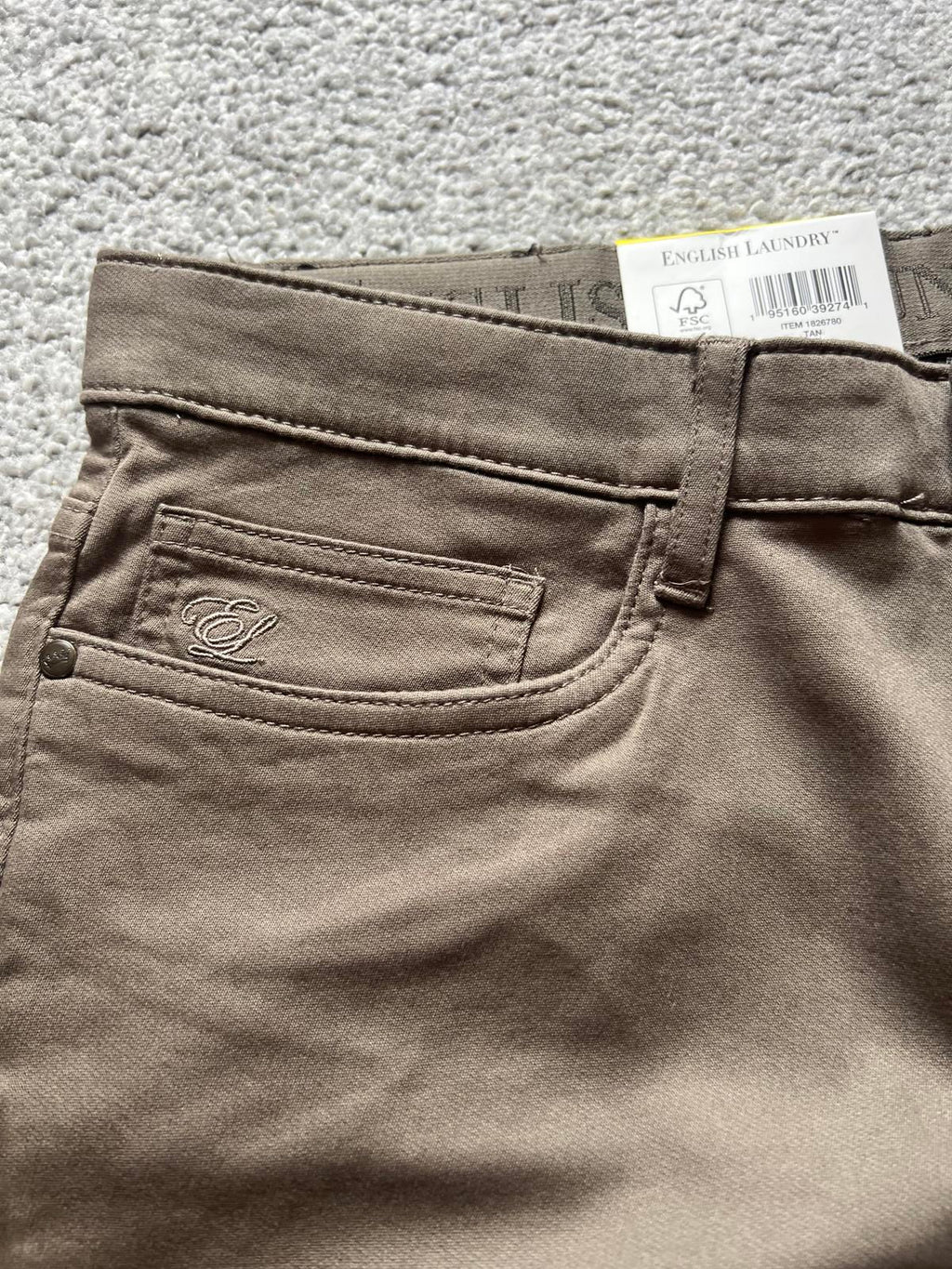 English Laundry tan 5-pocket chinos, size 32” x 30”
