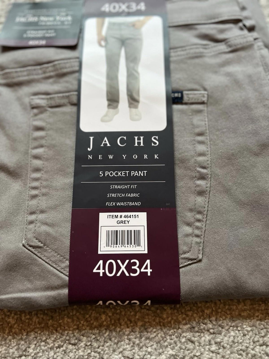 Jachs Grey 5-pocket Chinos, Size 40” x 34”